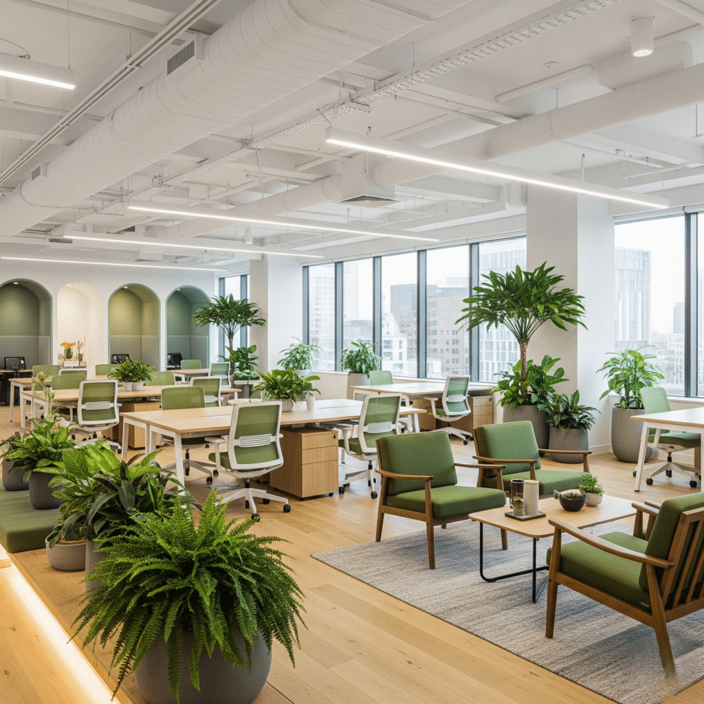 Bright open office with green accents for balance.