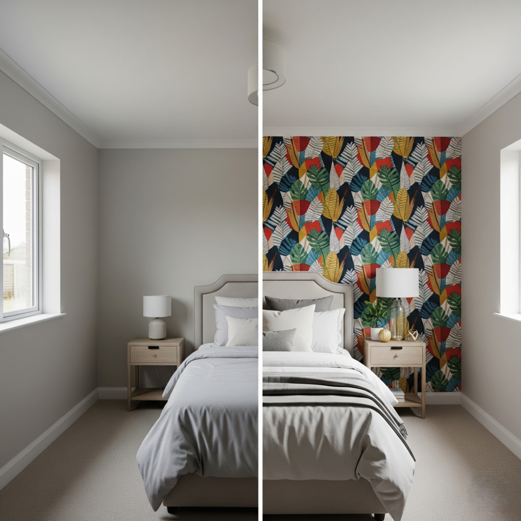 painted bedroom before, and the same room after with wallpaper accent wall.
