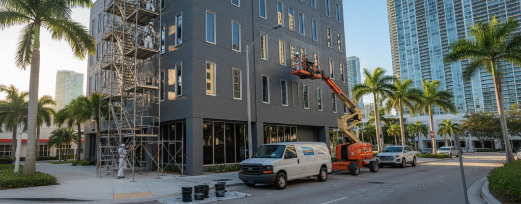 commercial painters using scaffolding and safety gear on a multi story office building.