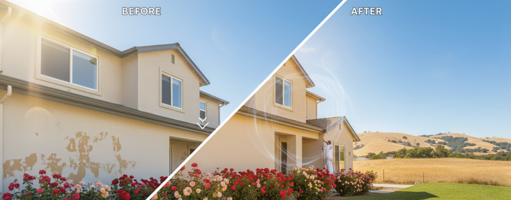 comparison of a faded vs. freshly painted home.