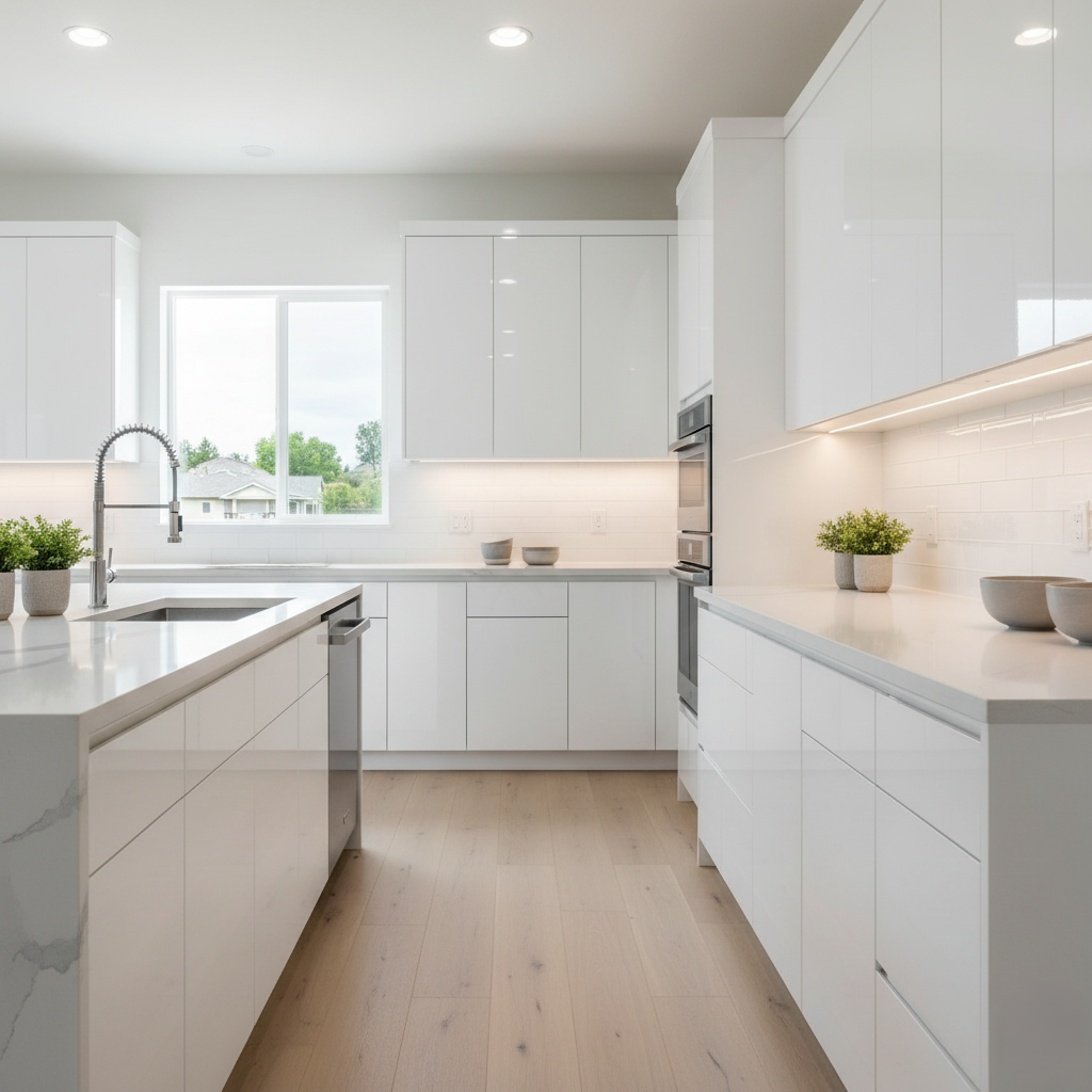 glossy finished cabinets.
