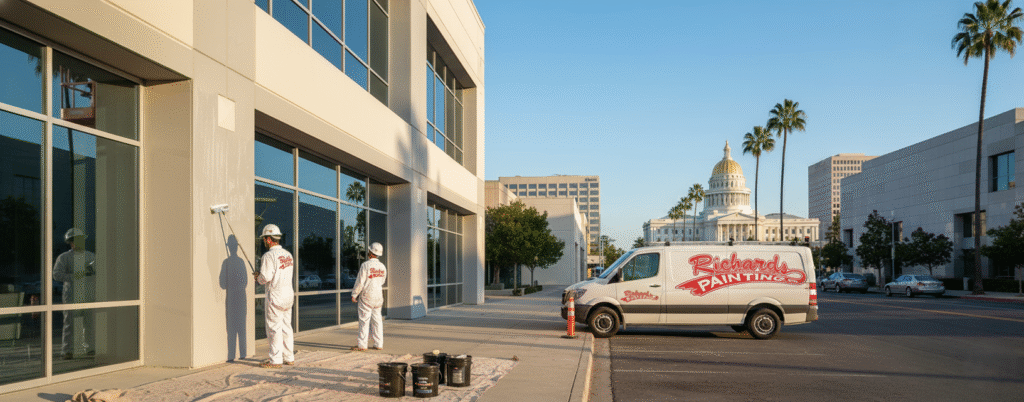 maintenance team gently cleaning a freshly painted exterior wall