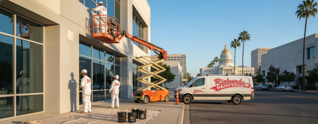 professional painting crew applying weather resistant paint on a Sacramento commercial building.