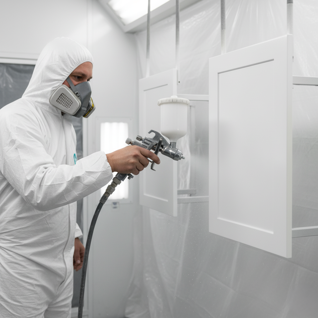 A professional painter applying a finish with a spray gun.