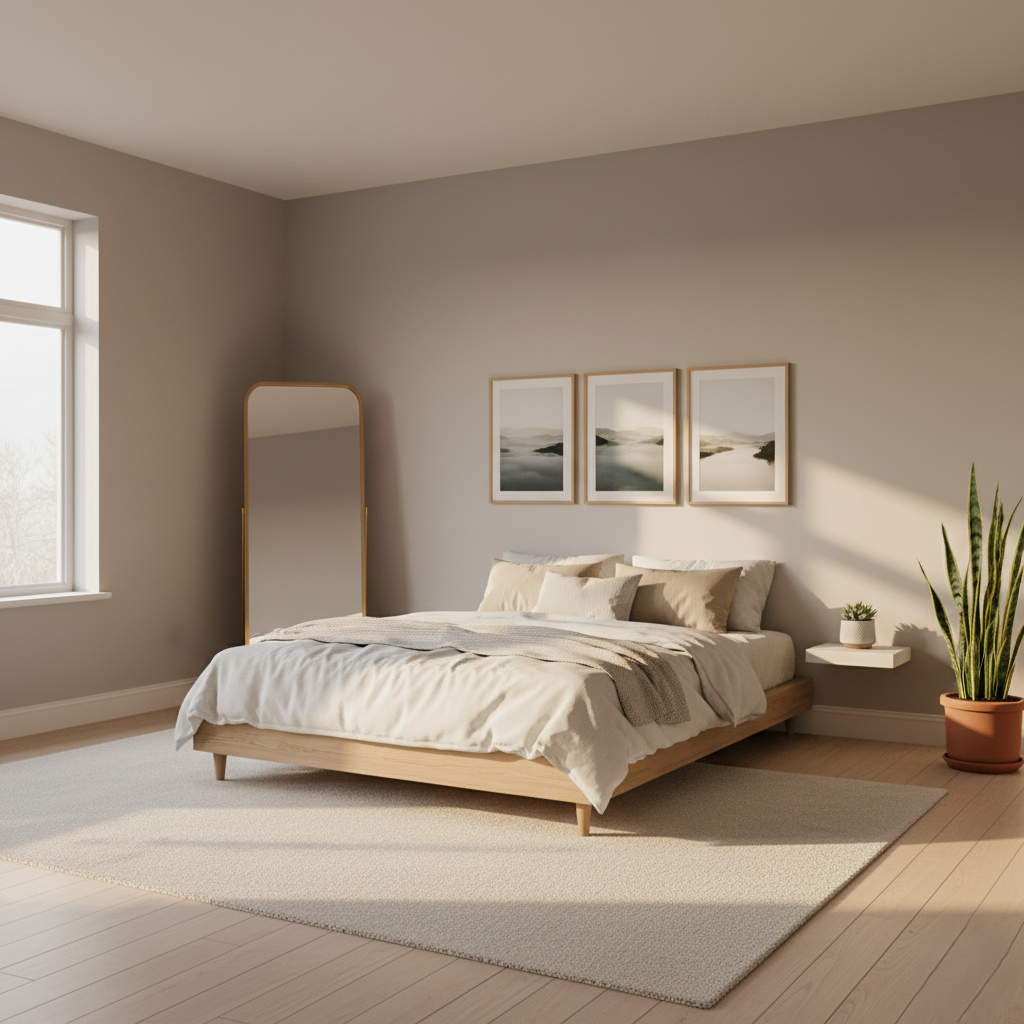 A staged bedroom in warm light gray with minimalist décor.