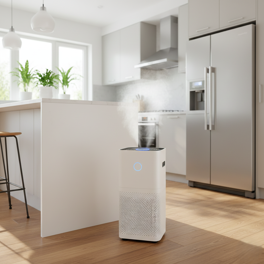 Air purifier operating in a kitchen environment.