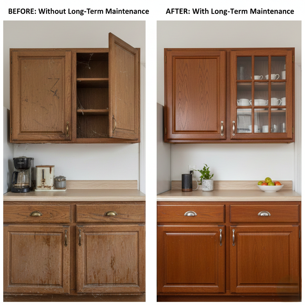 Before and after comparison of cabinets with and without long term maintenance.