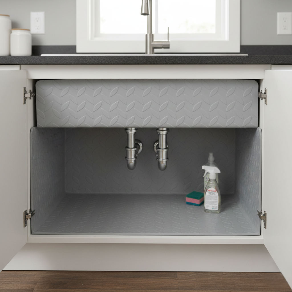 Cabinet beneath a sink with protective lining to reduce moisture exposure.