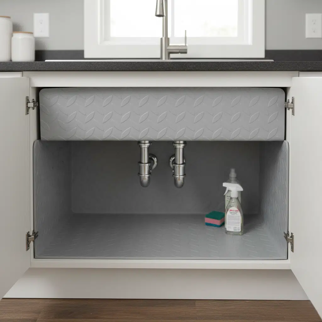 Cabinet beneath a sink with protective lining to reduce moisture exposure.