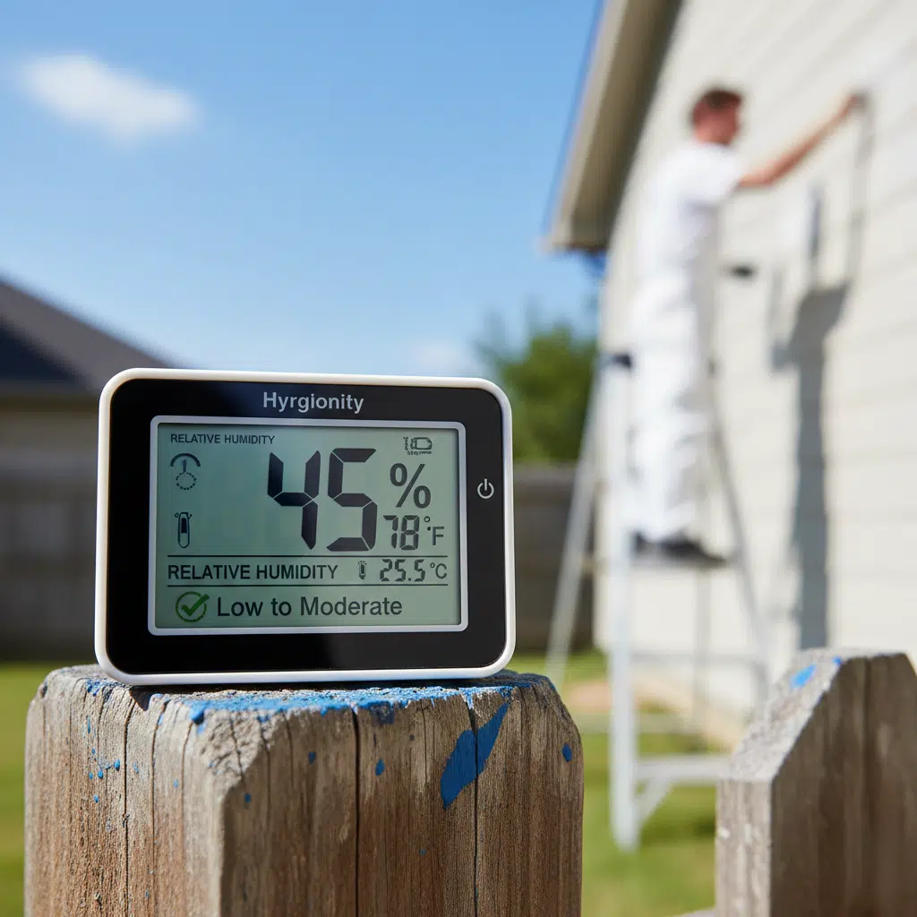 Hygrometer showing low to moderate humidity ideal for outdoor painting.