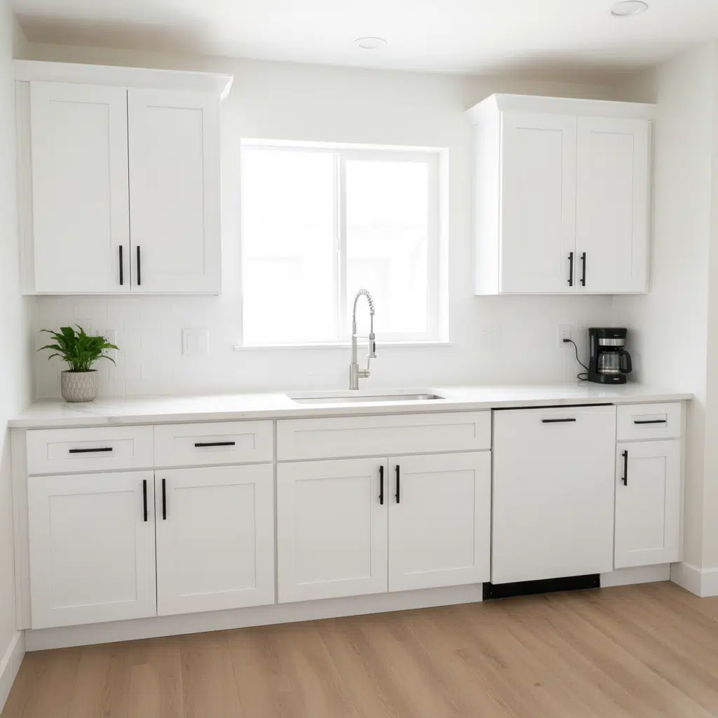 Modern, bright rental kitchen with newly refinished cabinets.