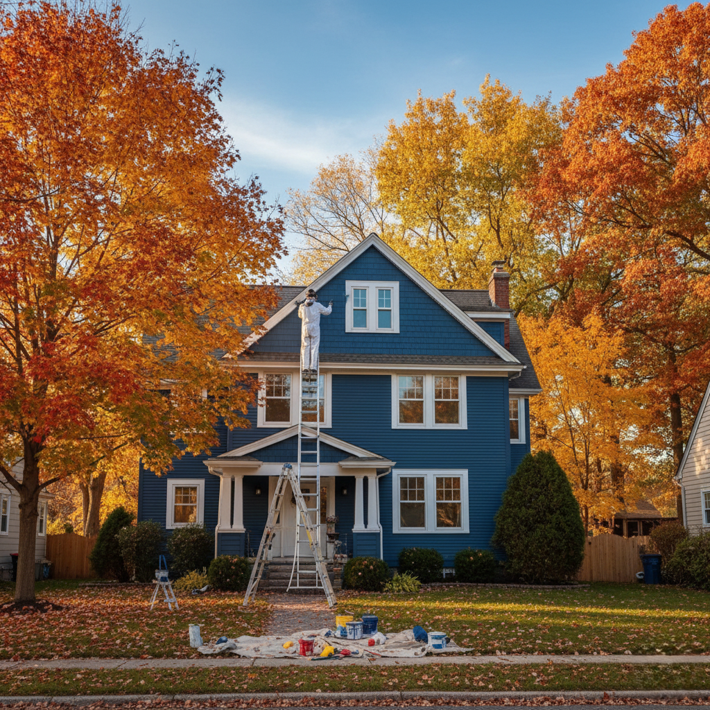 Painter working on a home surrounded by fall colors—ideal painting season.
