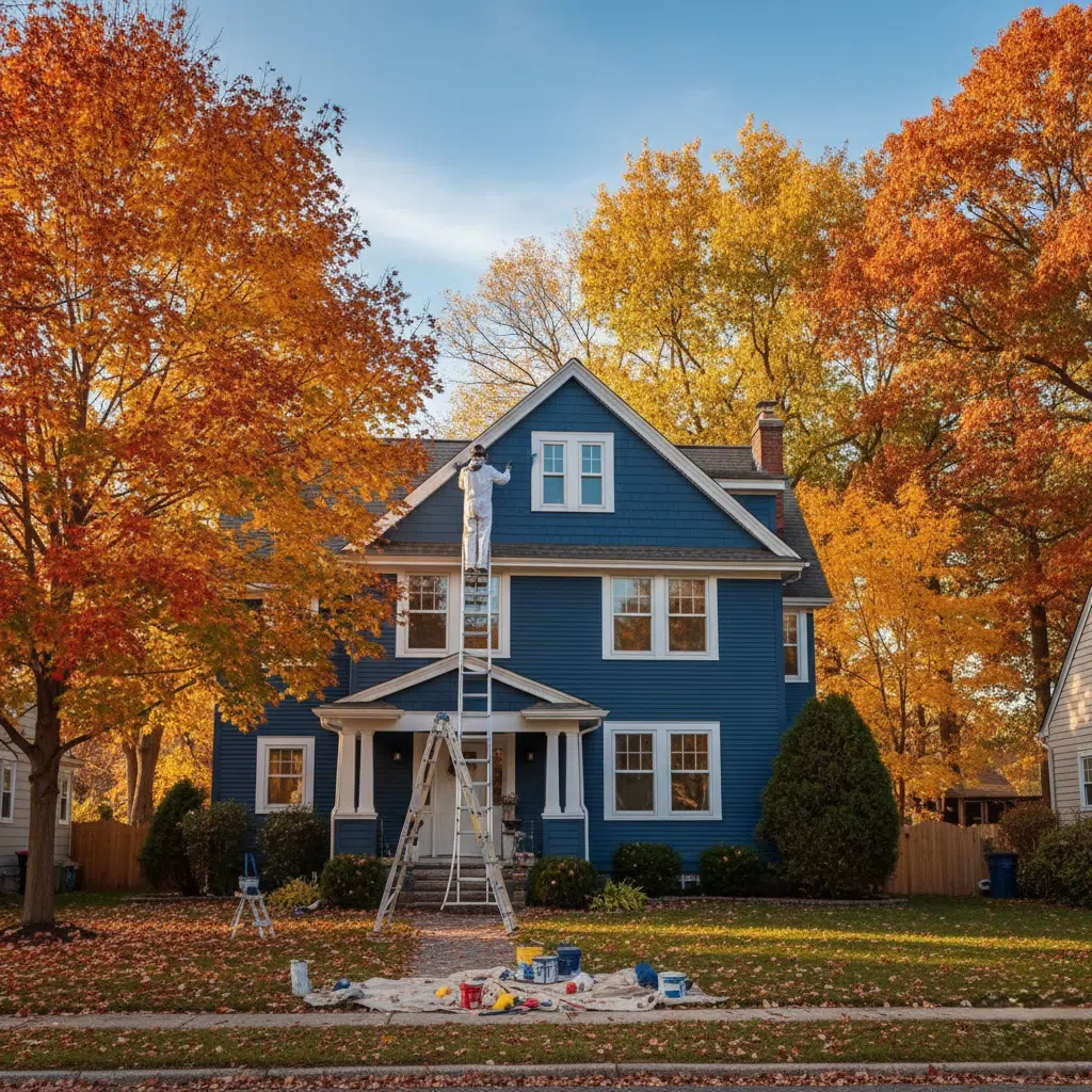 Painter working on a home surrounded by fall colors—ideal painting season.