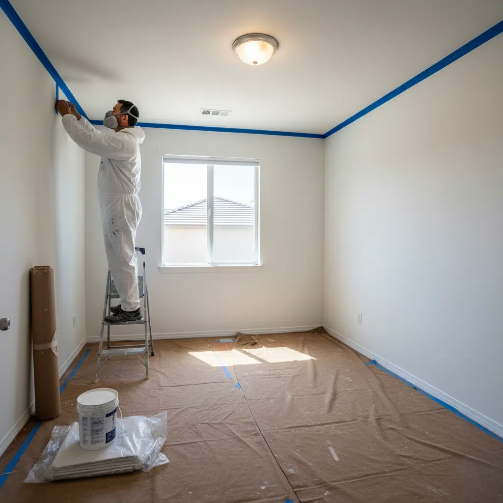 Professional painter prepping a small bedroom for painting.