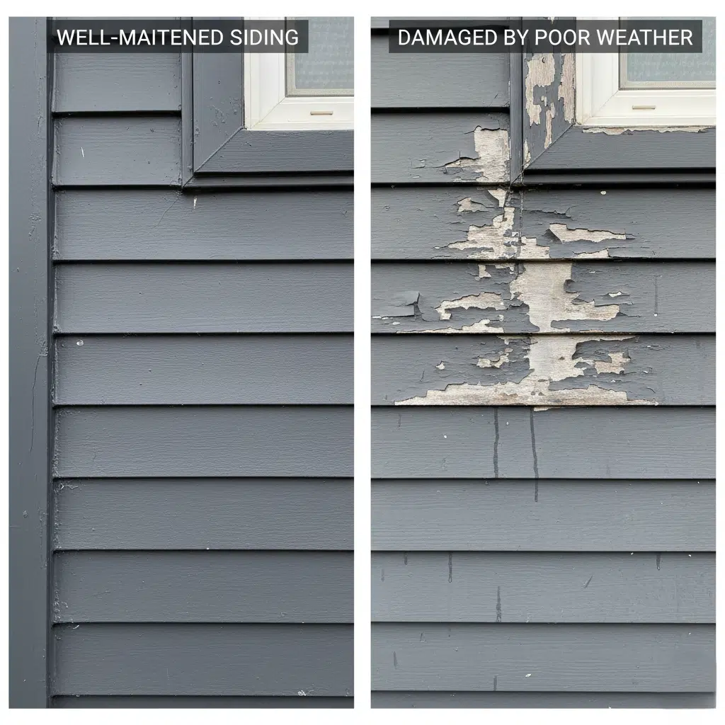 Side by side comparison of well maintained siding vs. paint damaged by poor weather conditions.