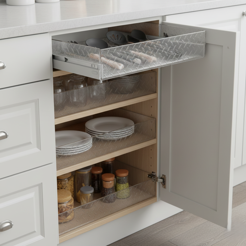 Transparent protective liners inside drawers and cabinets.