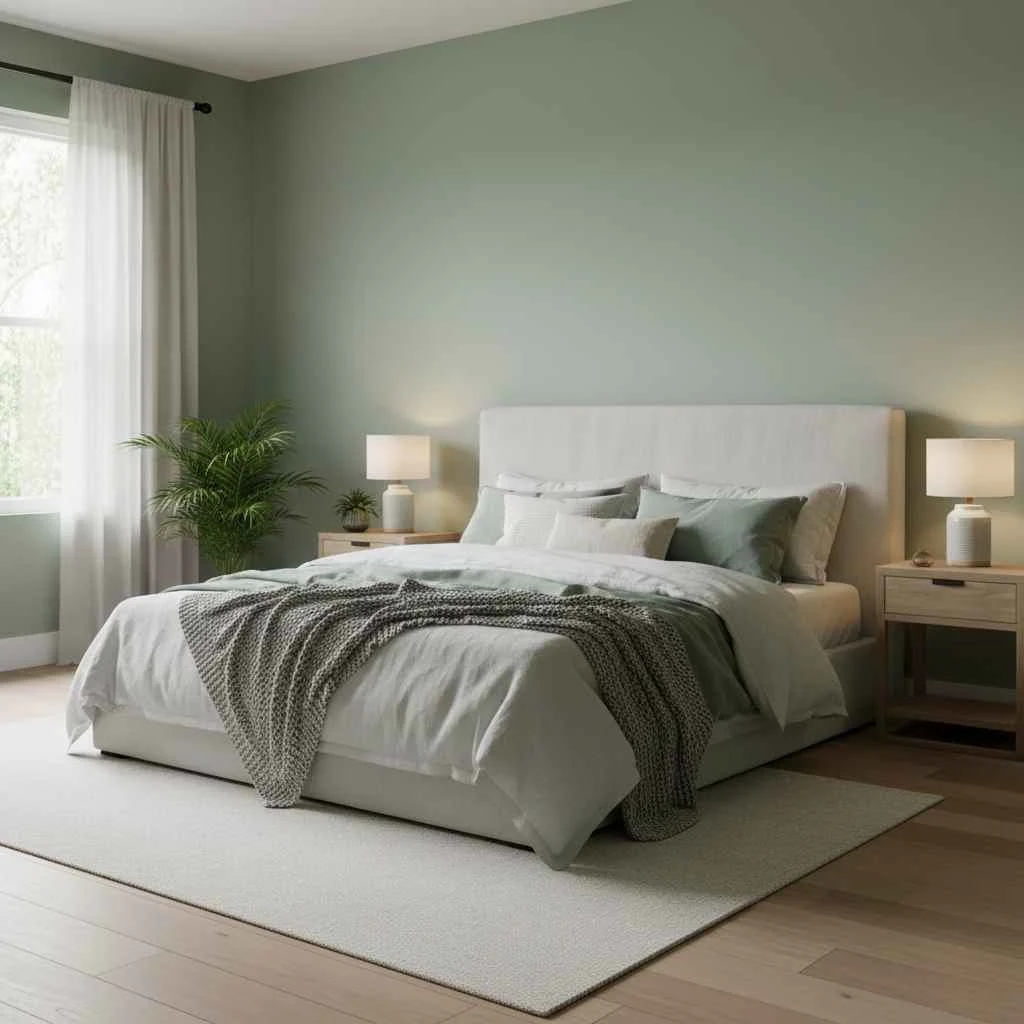 Bedroom walls in a muted sage that create a peaceful retreat.