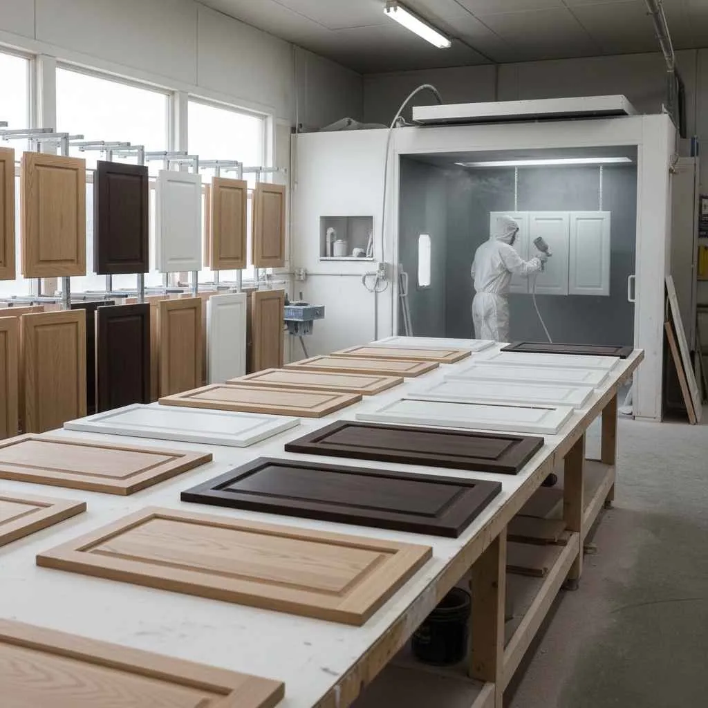 Cabinet doors removed and prepped for refinishing