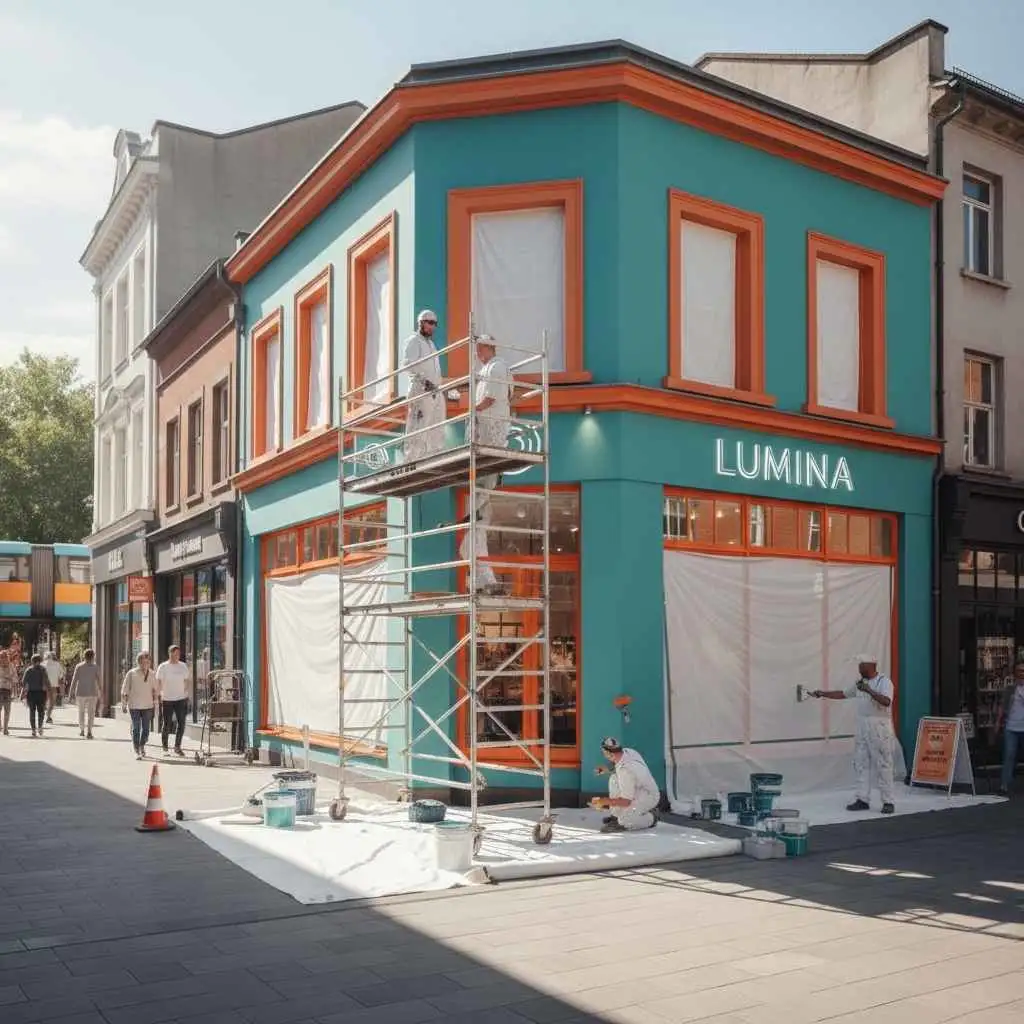 Professional crew painting a retail storefront exterior
