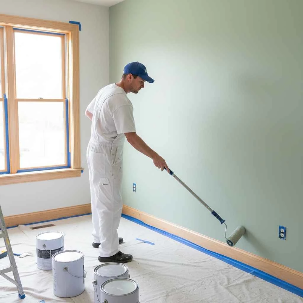 Professional painter taping trim and using high‑end rollers on a fresh wall.