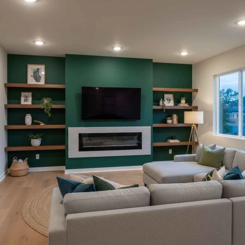 living room accent wall in a bold navy blue or emerald green