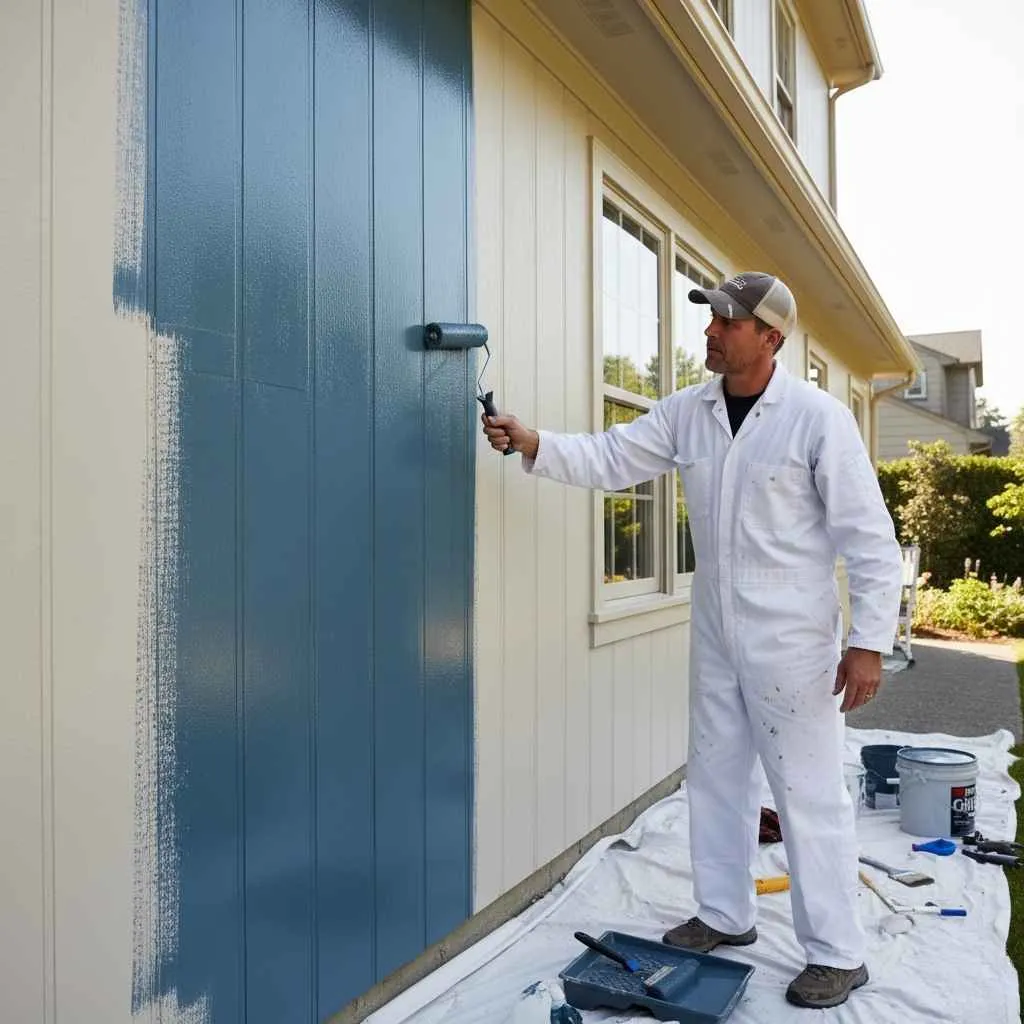 painter rolling high-quality exterior paint on siding