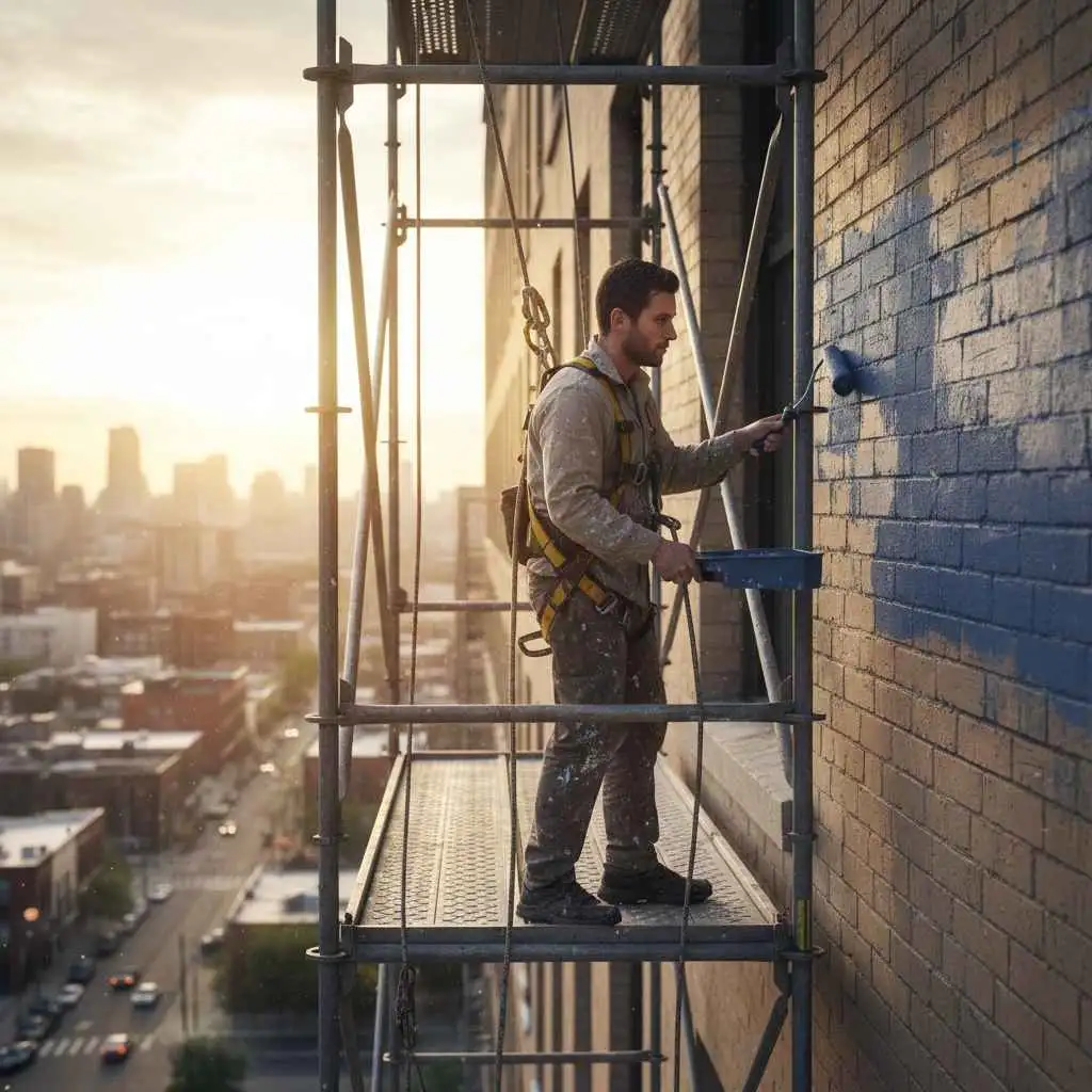 painter secured with a harness on scaffolding