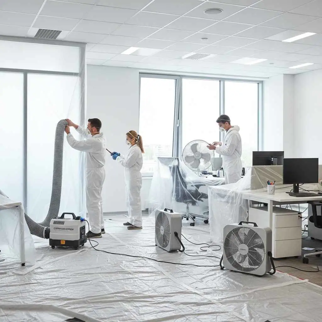 painting team setting up proper ventilation in an office
