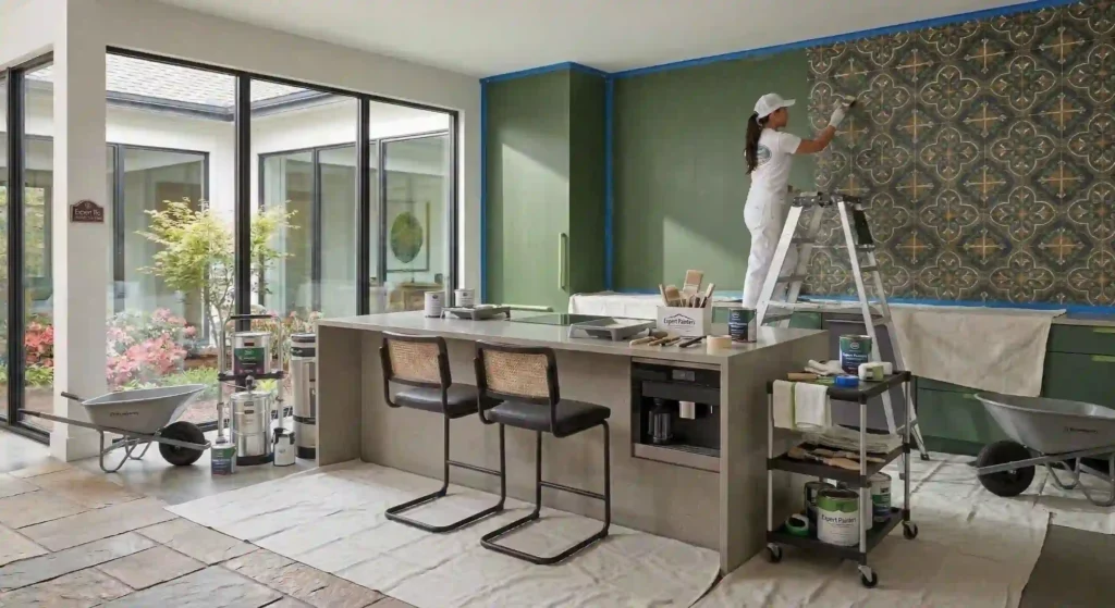 painter carefully prepping and painting a living room wall