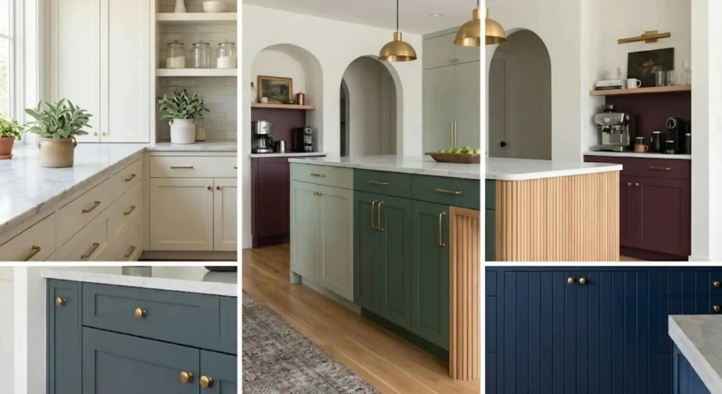 collage of trending cabinet colors (white, green, navy)