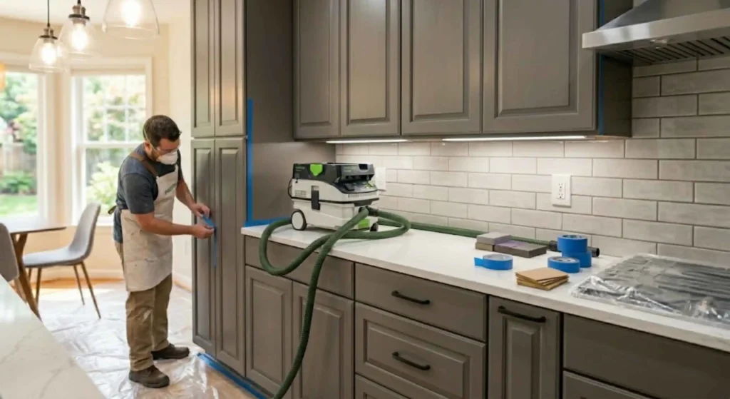 professionals sanding and prepping cabinets