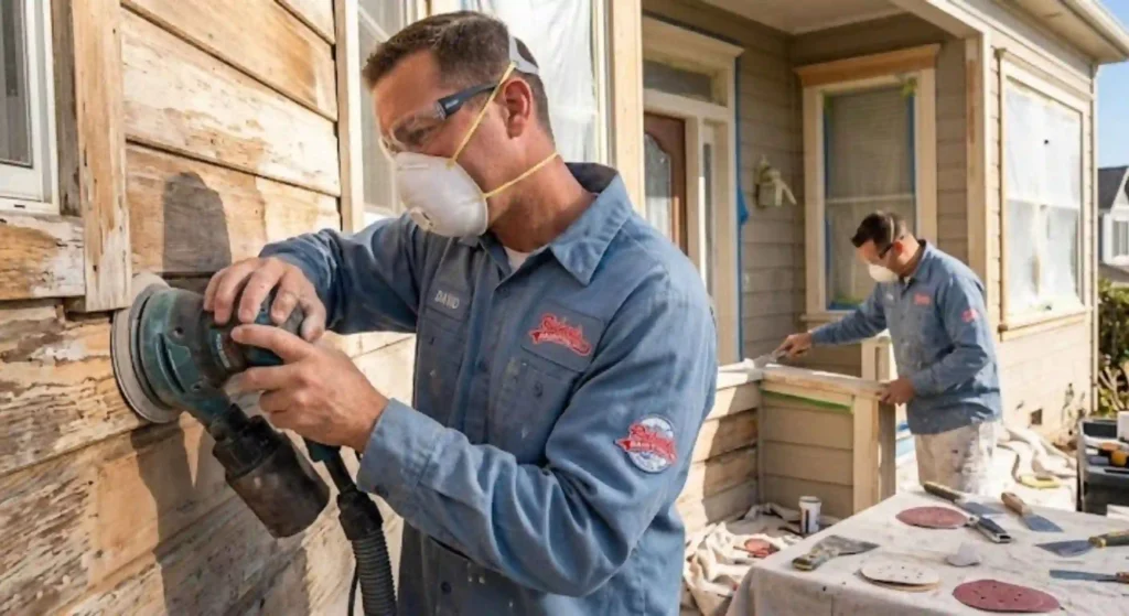 Exterior house preparation and sanding before painting in Folsom