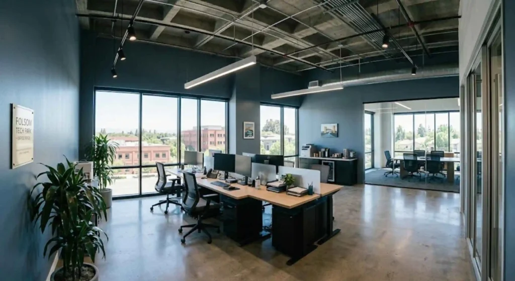 Fresh commercial paint finishes inside professional Folsom business property.