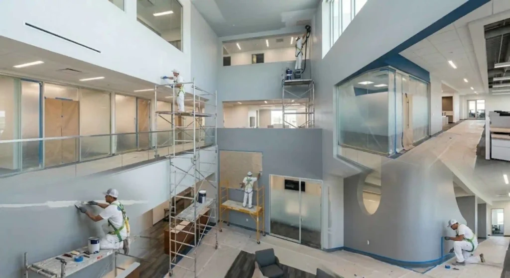Professional commercial interior painting preparation in Folsom office building.