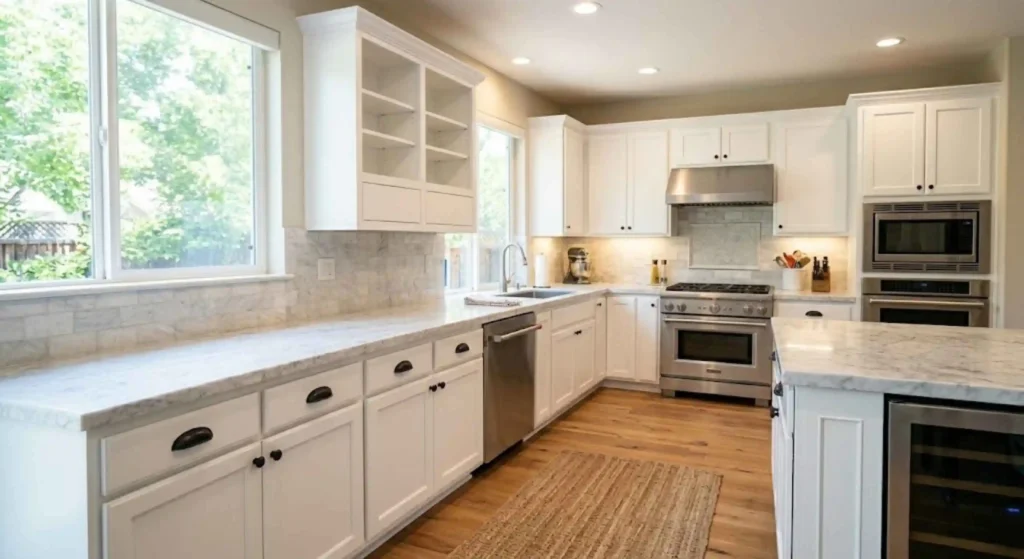 Completed kitchen cabinet restoration with modern finish in Roseville