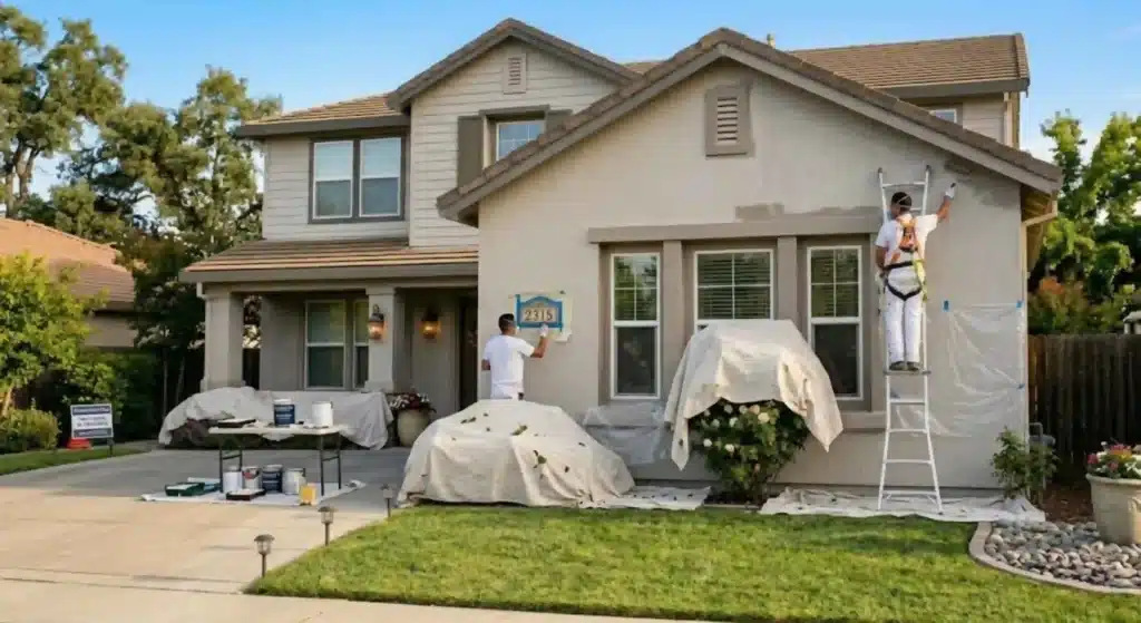 Painters applying exterior paint with proper preparation in Roseville home