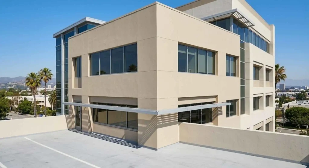 Finished commercial office building with fresh exterior paint in California