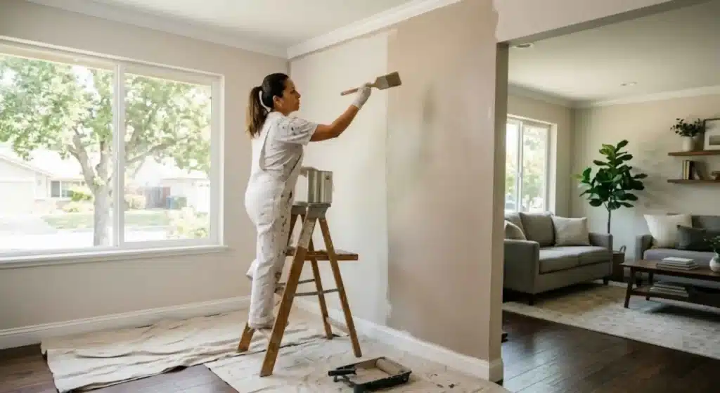 Interior painter applying smooth wall paint in Roseville living room