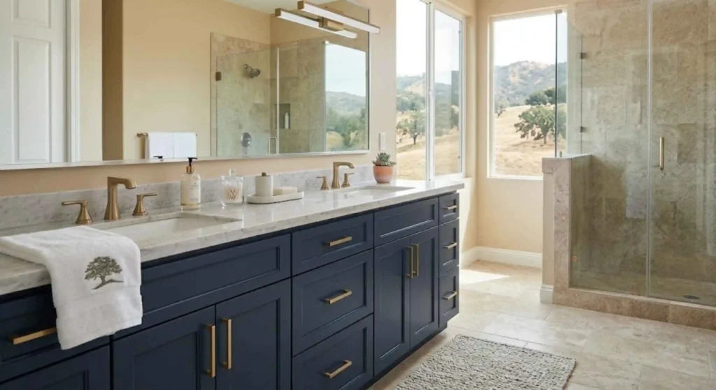 Modern bathroom with professionally refinished cabinets in Rocklin, California