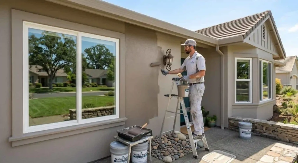 Professional exterior painter applying weather-resistant coating in Roseville
