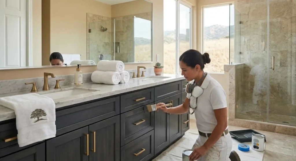 Professional painter refinishing a bathroom vanity cabinet in Rocklin