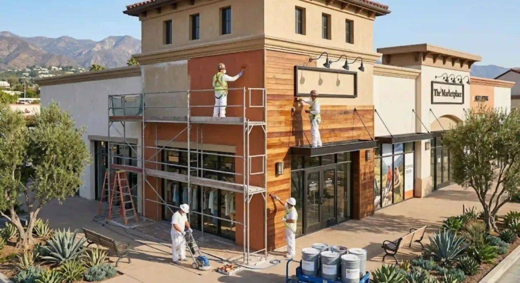 Professional painters restoring a California retail building exterior