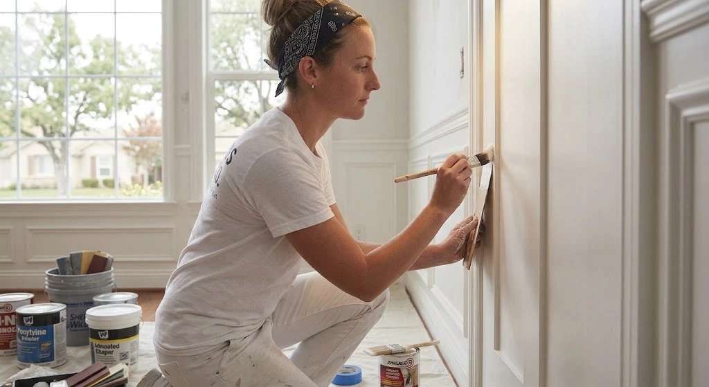 Local house painter creating a clean trim finish in a Rocklin California home