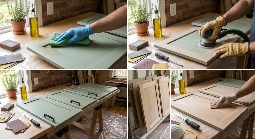 Professional cabinet preparation and sanding before refinishing in Rocklin