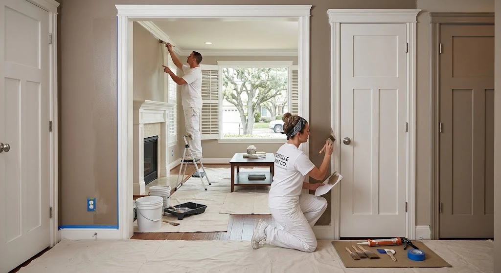Professional home painters applying interior paint to walls and trim in Roseville