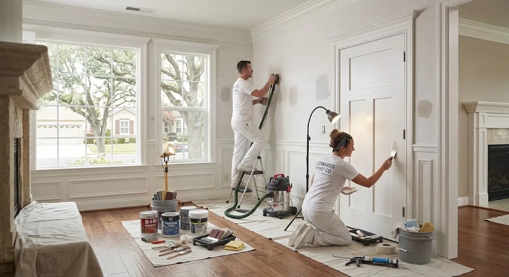 Professional local house painters preparing walls in a Rocklin home