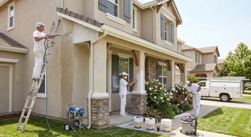 Professional house painters preparing a Roseville home exterior before painting