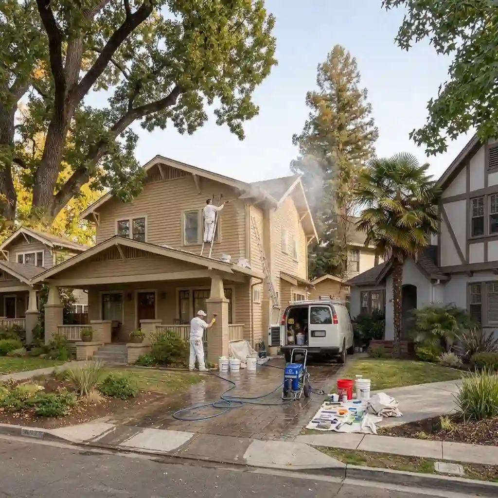 Professional painters preparing a Sacramento home for exterior painting