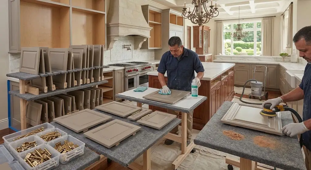 cabinet doors removed from a Roseville kitchen and being professionally cleaned and prepared for refinishing.