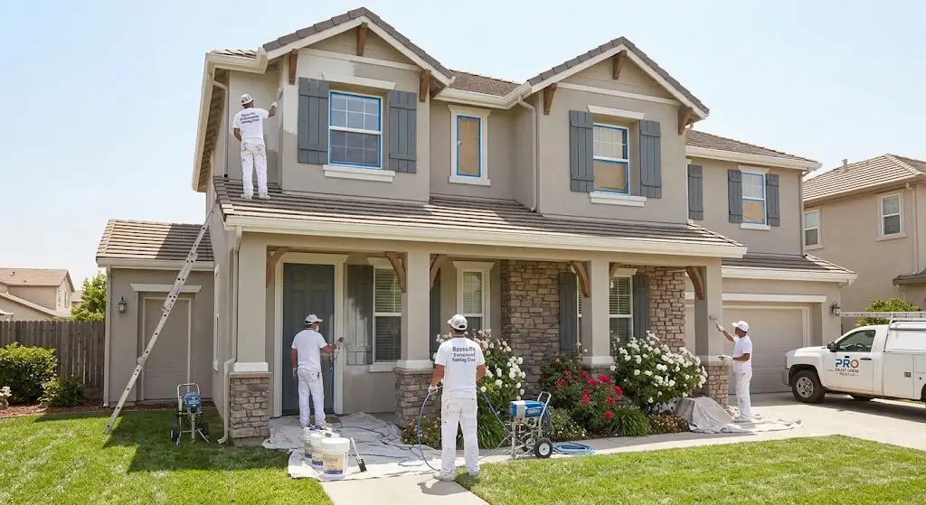 professional painting crew applying an even exterior coat to a two-story Roseville home.
